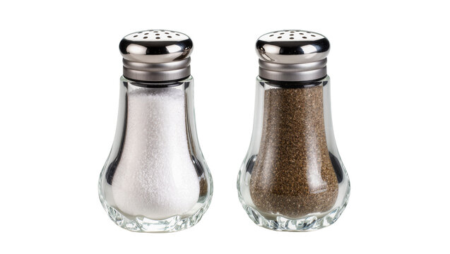 Isolated salt and pepper shakers with shiny metallic caps containing spices