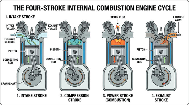Four Stroke Internal Combustion Engine Cycle Infographic Diagram Illustrating Automotive Mechanical Phases and Piston Power Processes Vector