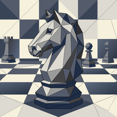 Geometric Low Poly Chess Knight Piece on Stylized Chessboard © Surya graphics 