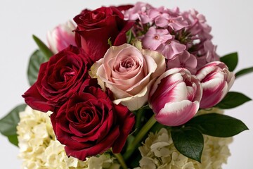 Fototapeta premium The Elegant Bouquet of Red Roses with Blush Pink Roses and Hydrangea