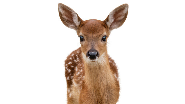 Isolated adorable baby deer fawn with spotted coat looking at camera closeup portrait