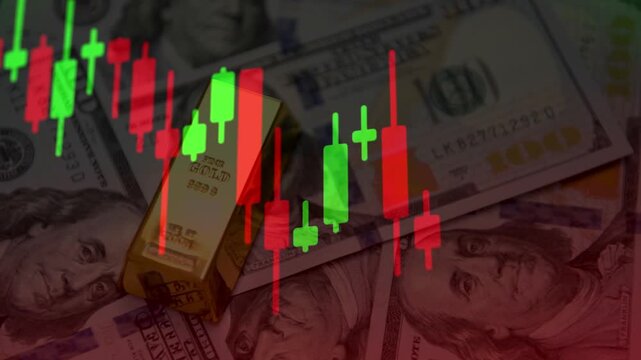 A hand places gold bars on hundred dollar bills, overlaid with a green bullish candlestick chart. Shows safe-haven investment and USD vs gold correlation.