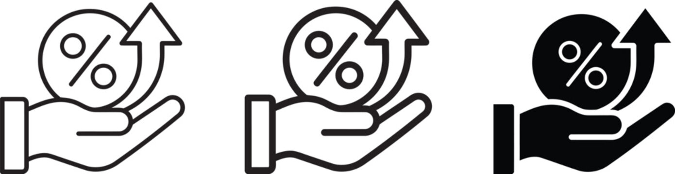 Three hands holding percentage increase icons