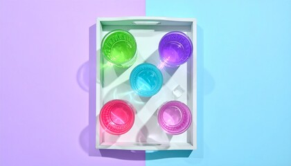 Fototapeta premium Colorful Plastic Cups Arranged Bright Tray Scene