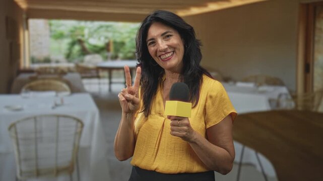 Woman smiling, holding a microphone with yellow flag and showing peace sign with raised hand in a building dining area; friendly report.