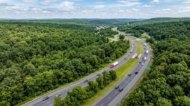 Aerial view of a highway cutting through a dense green forest with cars and trucks driving along the road under a blue sky with clouds in a rural landscape
