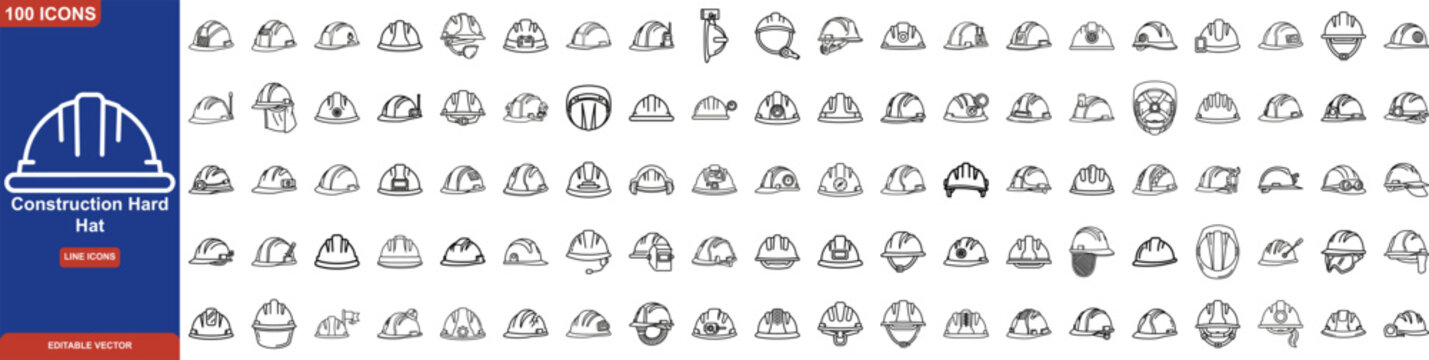 Construction Hard Hat Line Icon Set. Including Safety Helmets With Visors, Headlamps, Earmuffs, Sensors, Suspension Systems, and Industrial Gear