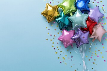 Fototapeta premium The Star-Shaped Balloons Celebration with Metallic Colors Against a Bright Blue Backdrop
