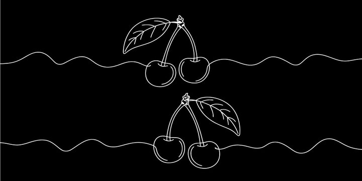 Continuous single line drawing of two cherries with leaves on a black background