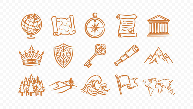 history travel adventure globe map compass scroll mountain temple helm doodle handmade ink scribble flat line art vector illustration icon bundle set calligraphy drawing design discovery