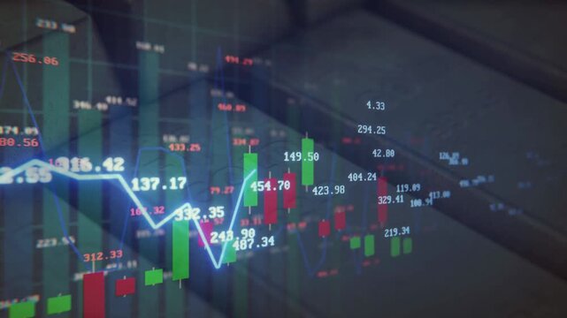 Multiple gold bars stacked in a vault, overlaid with complex trading data, blue lines, and candlesticks. Highlights institutional gold investment.