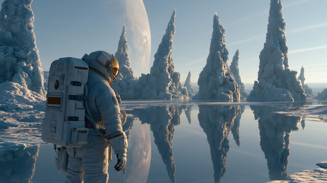 Astronaut exploring mysterious crystal ice alien planet. Astronaut in a white space suit stands on an ice planet with crystal formations and a large planet in the background