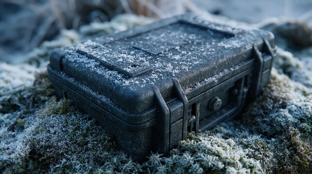 Astronaut exploring mysterious crystal ice alien planet. Black frozen storage case on icy ground surrounded by frost-covered moss in an alien landscape