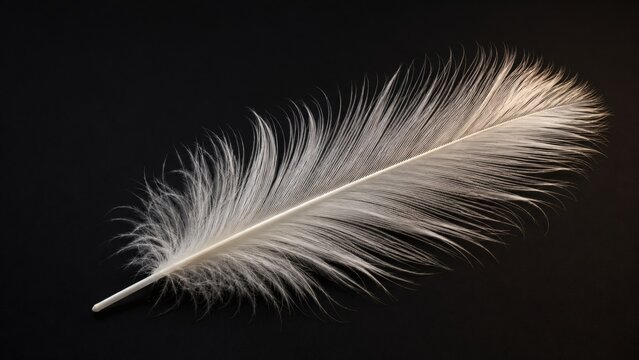 A single large white peacock feather plume on black background, detailed texture and pattern visible