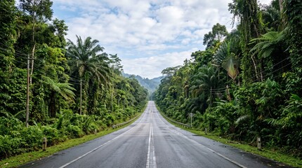 Naklejka premium Empty asphalt road through a lush tropical rainforest in borneo, malaysia the scenic highway stretches into the distance surrounded by dense green jungle vegetation under a cloudy blue sky