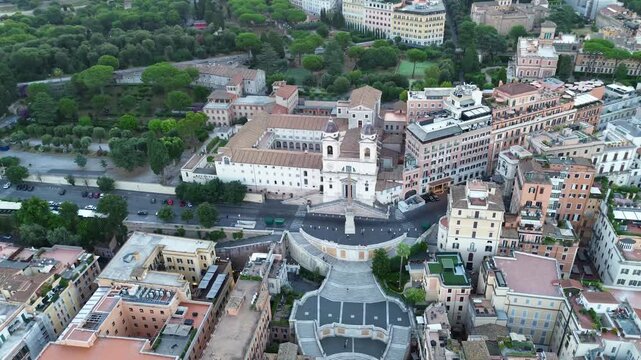 Aerial drone view of Piazza di Spagna and the Spanish Steps at sunrise, Rome, Italy