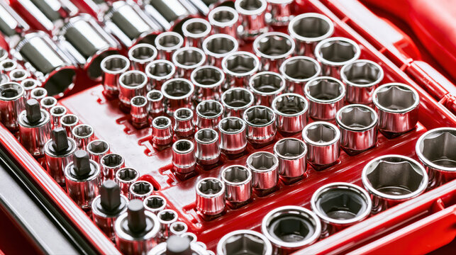 Mechanic restoring vintage classic car in old garage. Set of chrome socket wrenches organized in a red tool case, showcasing various sizes and shapes for automotive repair tasks