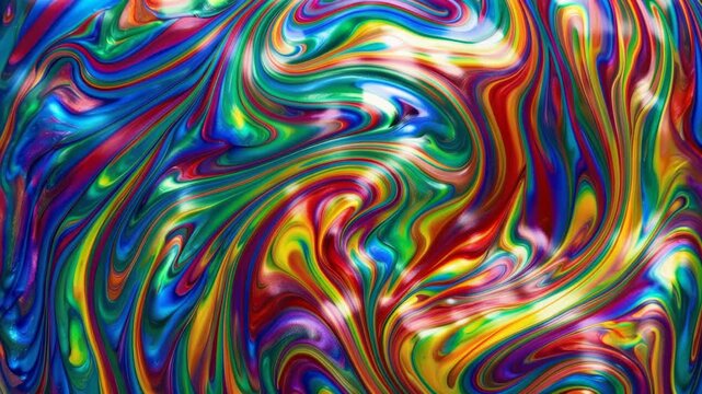 Abstract swirling spectrum of vibrant rainbow colors, fluid flowing motion, glossy gradients, dynamic curves, 4K video