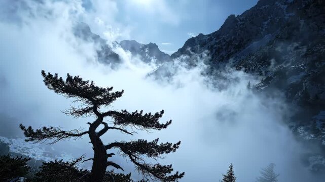 Pine tree stands prominently against a misty mountain landscape, with clouds swirling around rocky peaks under bright sunlight in a serene natural setting