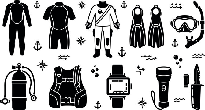 Scuba Diving and Snorkeling Equipment Black Silhouette Vector Icon Set with Wetsuits, Oxygen Tank, Fins, Mask, BCD Vest, and Undersea Navigation Elements