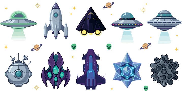 Sci-Fi Spaceship and UFO Vector Set with Alien Spaceships, Rocket, Floating Satellite, Asteroid, and Cosmic Elements for Futuristic Game Graphic Design