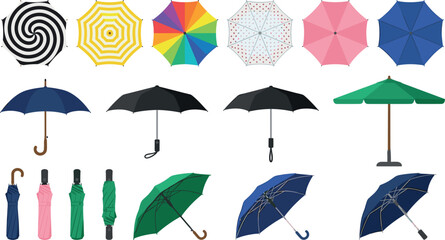 Umbrella Vector Icon Set with Open Closed Top View and Beach Parasol Designs in Various Colors and Patterns for Weather Apps Fashion and Travel Backgrounds © Najir