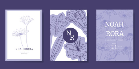 Plakat Luxury wedding invitation card vector template. Violet background with line art, flower, leaves branches, foliage. Design illustration for vip cover, poster, rsvp modern card. 