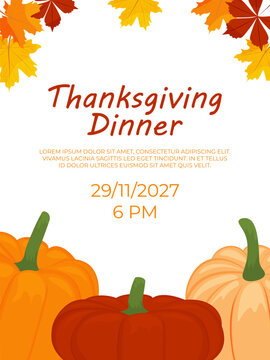 Thanksgiving dinner invitation template with pumpkins and autumn leaves