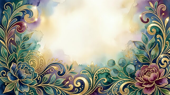 Ornate floral frame with decorative scrollwork and botanical elements in jewel tones surrounding a luminous cream center, suitable for invitations and greeting cards.