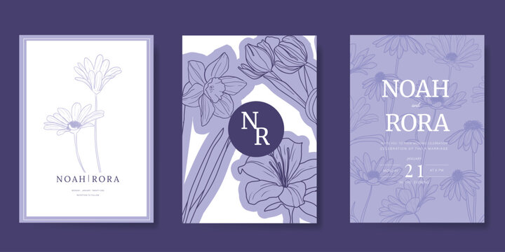 Luxury wedding invitation card vector template. Violet background with  line art, flower, leaves branches, foliage. Design illustration for vip cover, poster, rsvp modern card. 