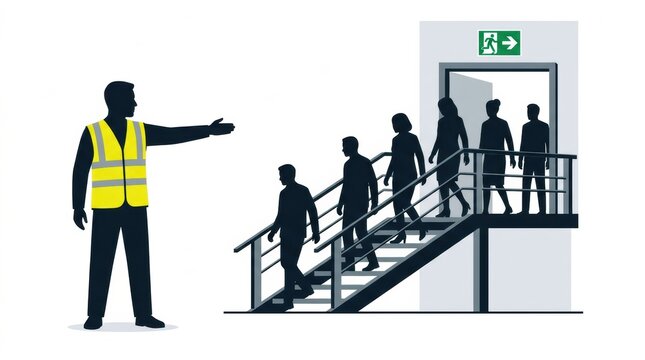 Fire warden is guiding individuals to safely evacuate a building using emergency exit stairs. Safety signs are visible in the scene.