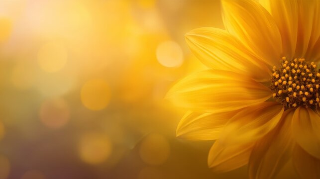 Sunflower abstract floral background expressing joy positivity with petals seeds bokeh glow warm sunlight and golden pollen particles, clean modern minimal design with large negative copy space