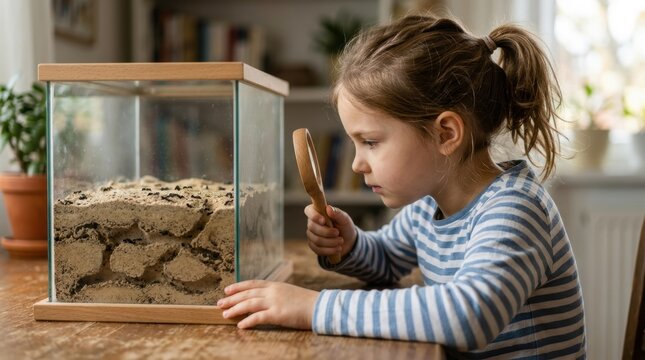 A curious little girl carefully observing ants inside a transparent glass formicarium through a magnifying glass, fascinated by the insects' tunnels and behavior. 