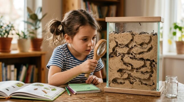 A curious little girl carefully observing ants inside a transparent glass formicarium through a magnifying glass, fascinated by the insects' tunnels and behavior. 