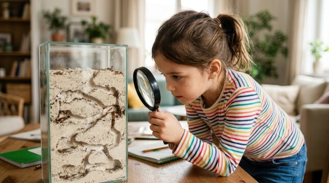A curious little girl carefully observing ants inside a transparent glass formicarium through a magnifying glass, fascinated by the insects' tunnels and behavior. 