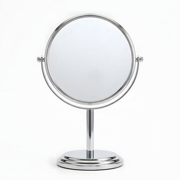 Round silver vanity mirror with a polished metallic stand isolated on a clean white studio background