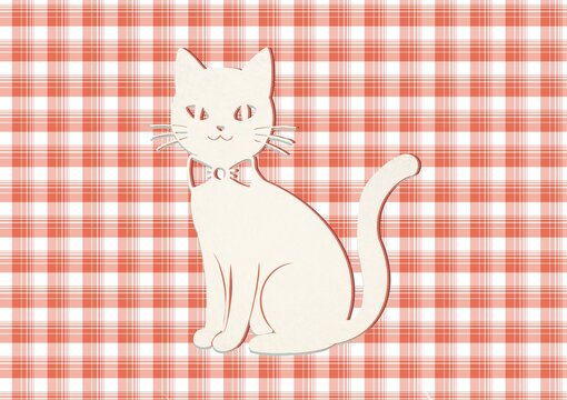 Cute White Cat on Coral Plaid Background &ndash; Cozy Halloween Vintage Illustration