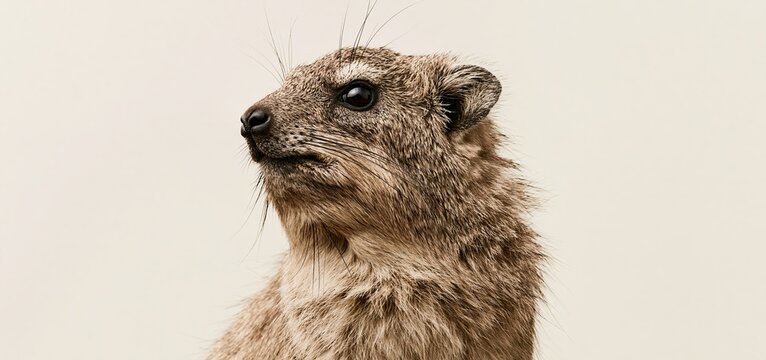 A charming hyrax positioned sideways on a simple light background, highlighting its soft fur and serene expression.