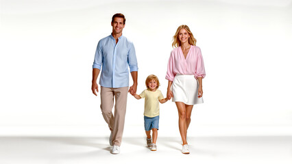 Fototapeta premium A professional studio shot of a joyful American family of three walking toward the camera on a clean, isolated white background, moment of connection, love, and unity between parents 