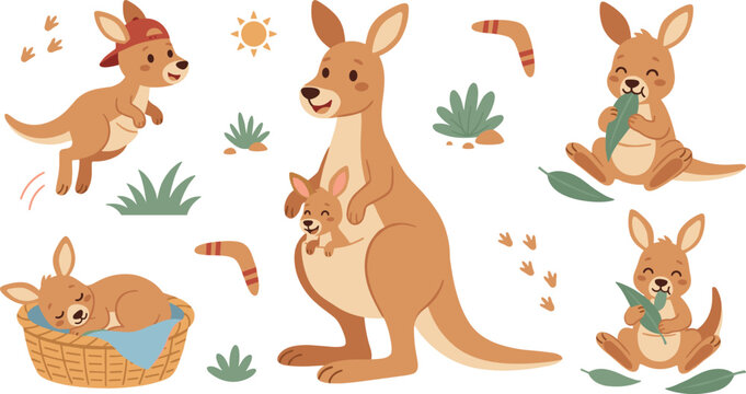 Cute Kangaroo and Joey Vector Character Set with Australia Wildlife Elements Boomerang Jumping Sleeping in Basket and Eating Eucalyptus Leaves Icons
