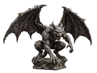Fototapeta premium Ancient Gothic Stone Gargoyle Statue with Large Wings Isolated on Transparent Background