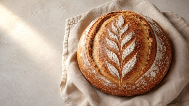 A single round loaf of sourdough bread with a beautiful wheat leaf design on top, on a beige cloth.