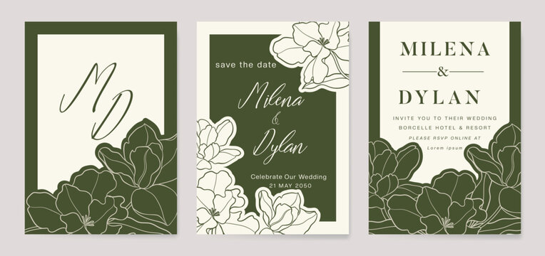 Luxury wedding invitation card vector template. Green background with  line art, flower, leaves branches, foliage. Design illustration for vip cover, poster, rsvp modern card. 