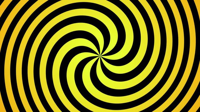 Hypnotic yellow and black spiral motion background, rotating optical illusion for visual effects and presentations