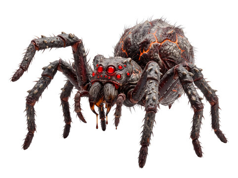 Giant Fantasy Lava Spider Monster with Glowing Red Eyes and Venomous Fangs Isolated