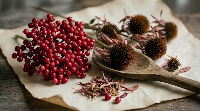 Red currant berries and dried teasel seed heads arranged on parchment paper for autumn harvest, botanical styling, and natural decoration projects.