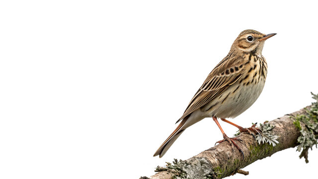 Small wild meadow pipit bird perched on a branch isolated on transparent background