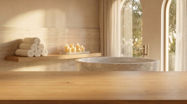 Empty wooden tabletop in luxury spa bathroom background with marble bathtub and candles for product presentation display.