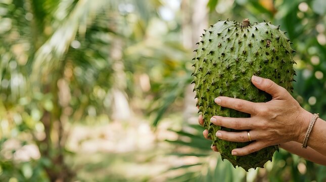 Hand holding spiky green soursop fruit in tropical garden setting, showcasing exotic produce for agriculture, farming, and food industry applications.