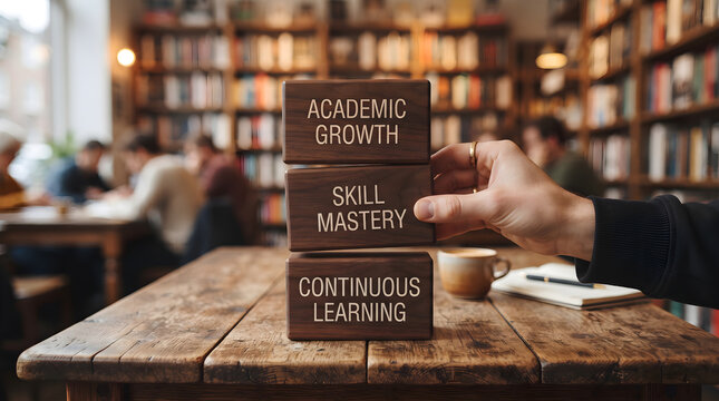 Hand stacking blocks for academic growth, skill mastery, and continuous learning on wooden desk with library background